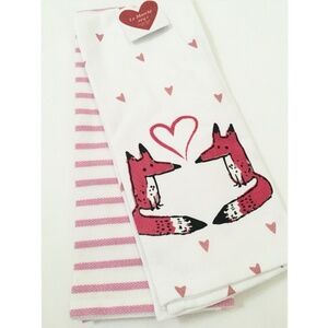 Valentine Fox Heart Kitchen Towel 2pc Set Pink White Embroidered NWT
